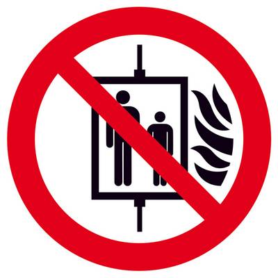 «Ne pas utiliser l'ascenseur en cas d'incendie» est indiqué sur un symbole d'avertissement avec un cercle rouge et une ligne diagonale traversant un symbole d'ascenseur.