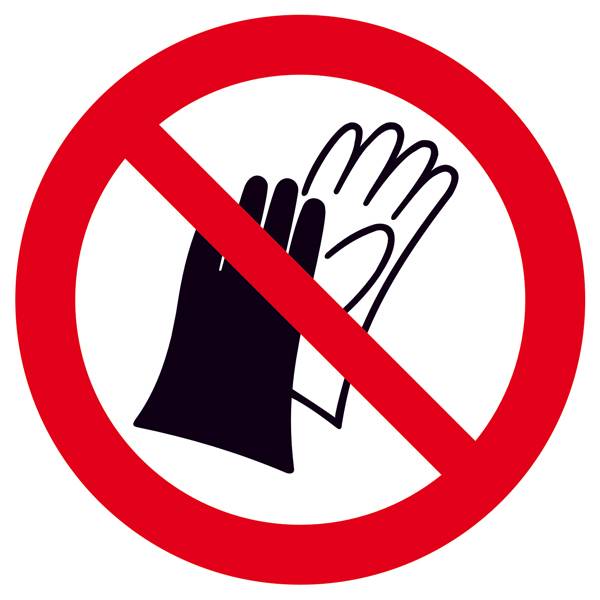Panneau d'interdiction : Gants de protection interdits. Panneau d'interdiction circulaire rouge avec une illustration de gants barrée.
