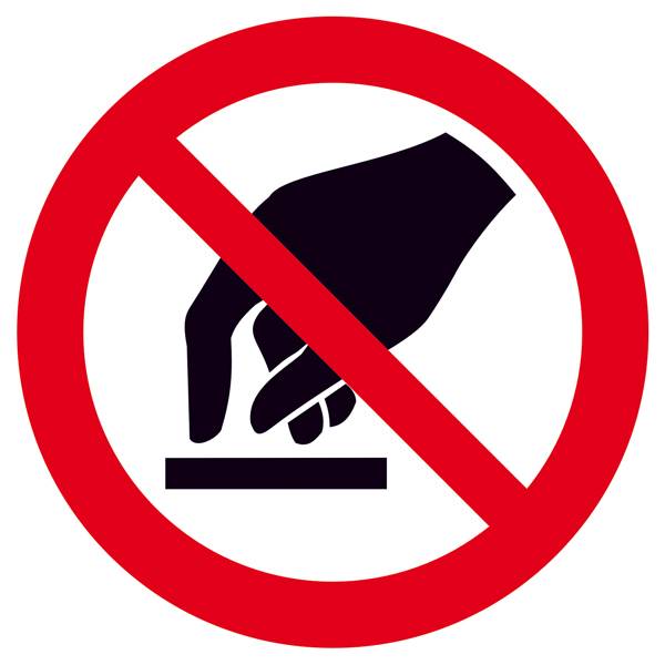 Pictogramme d'un panneau d'interdiction rouge avec une main appuyant sur un bouton. Symbolise 'Appuyer sur le bouton interdit'.