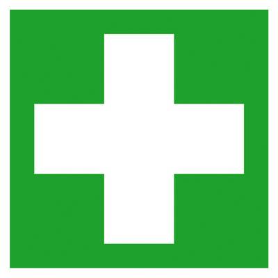 Symbole de premiers secours vert avec une croix blanche au centre, souvent utilisé pour indiquer l'emplacement de l'équipement ou des zones de secours d'urgence.