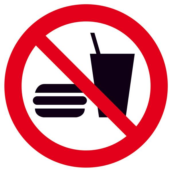 Symbole représentant un hamburger et une boisson barrés d'une ligne, indiquant l'interdiction de manger et de boire.