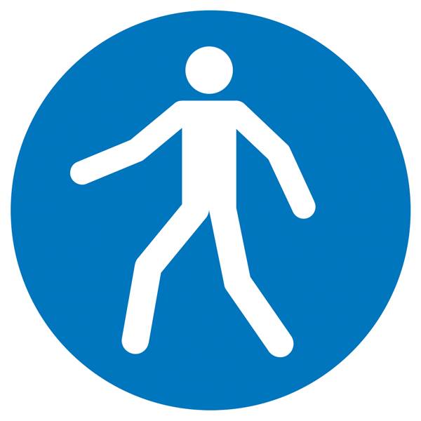 Panneau de signalisation bleu avec un symbole de piéton blanc représentant une personne en train de marcher.