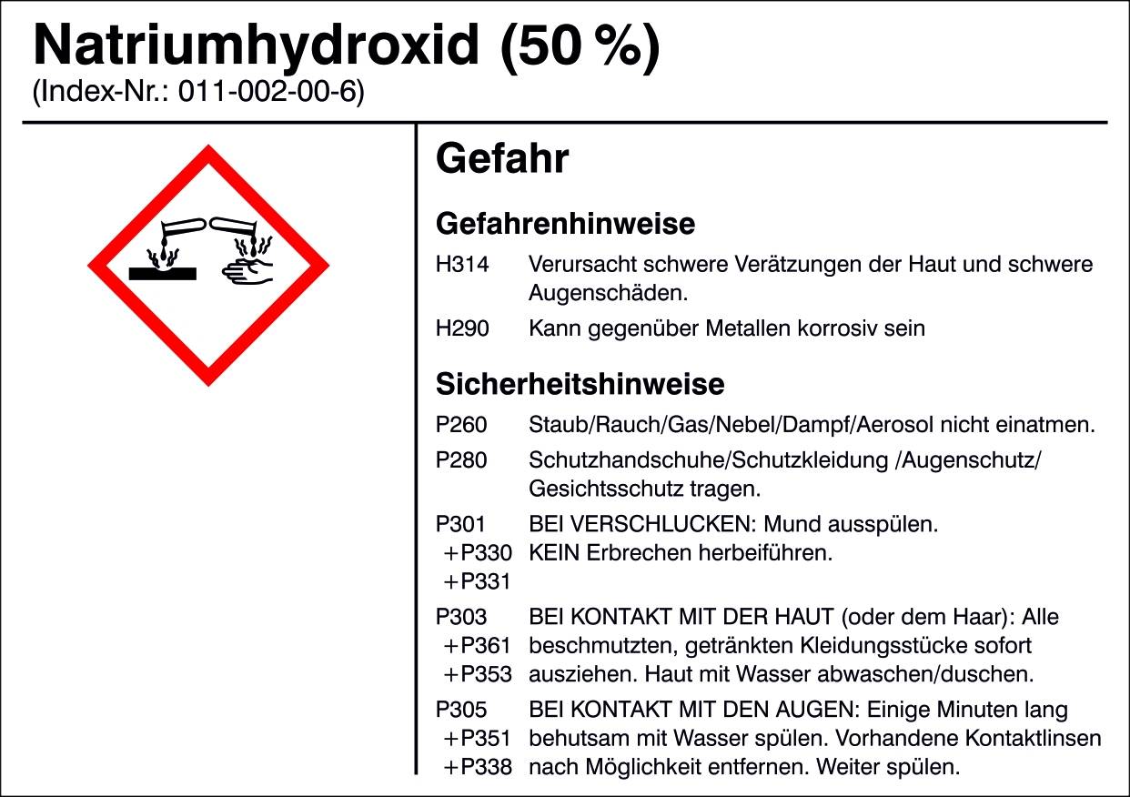 'Hydroxyde de sodium (50 %) : Danger. H314 : Provoque des brûlures cutanées et des dommages oculaires graves. H290 : Peut être corrosif pour les métaux. Respecter les mesures de protection.'