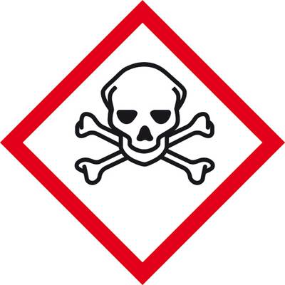 Pictogramme en forme de losange avec un crâne et des os croisés, entouré de rouge, avertissant de la présence de substances toxiques.