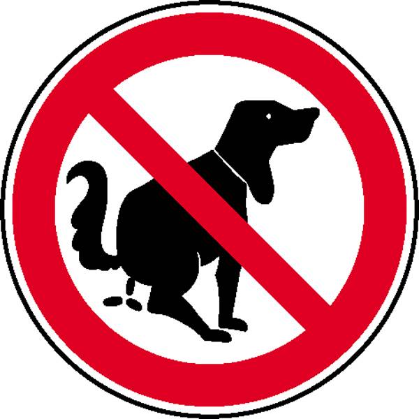 Interdit aux chiens : Défense de laisser des déjections canines. Panneau d'interdiction rouge avec un chien noir en train de déféquer.