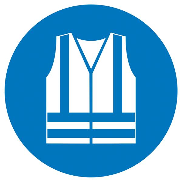 Symbole d'un gilet de sécurité blanc sur un cercle bleu, utilisé comme indication du port obligatoire d'un équipement de protection.
