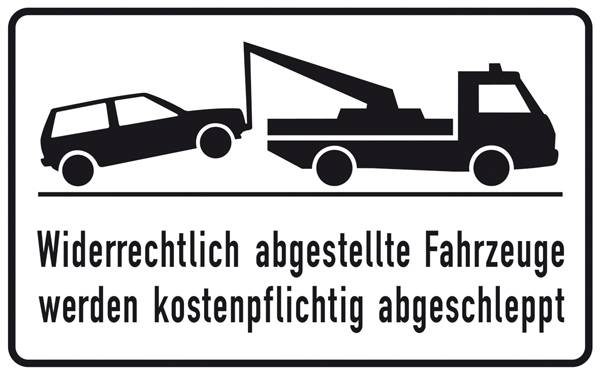 Panneau indiquant une dépanneuse enlevant une voiture, avec le texte 'Les véhicules stationnés de manière illégale seront remorqués aux frais du propriétaire'.