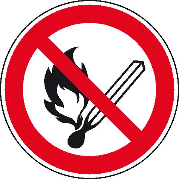 Panneau d'interdiction : Flamme d'allumette barrée en feu. Symbolise « Feu ouvert et fumée interdits ».