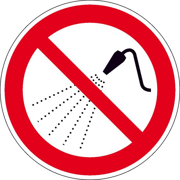 Panneau d'avertissement : Ne pas utiliser de nettoyeur haute pression. Un cercle rouge barré sur un nettoyeur haute pression noir et blanc.