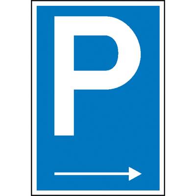 Panneau de stationnement avec un grand 'P' blanc sur fond bleu. Une flèche blanche pointe vers la droite.