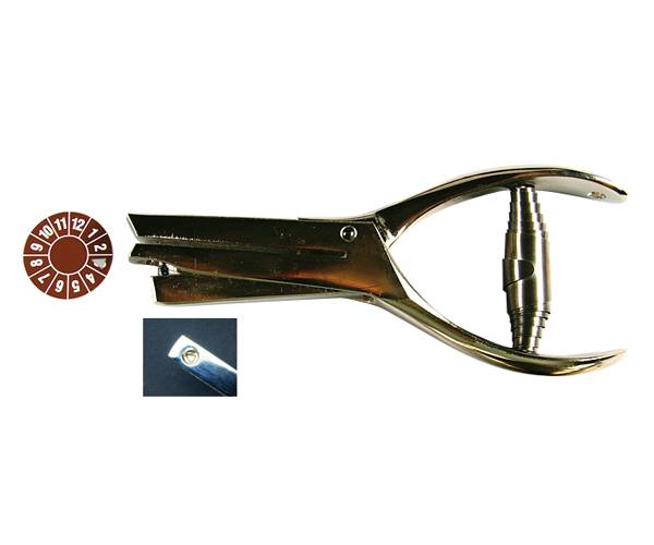 Pince perforatrice avec roue de numérotation de 0 à 9, présentant une vue latérale du résultat découpé.