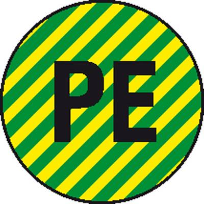 Symbole «PE» sur un fond rayé jaune et vert, souvent utilisé pour identifier les zones ou les équipements sensibles aux décharges électrostatiques.