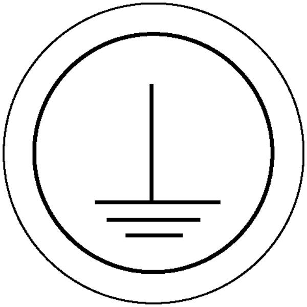 Symbole d'un point de mise à la terre, représentant un motif de lignes verticales et horizontales dans un cercle, utilisé pour le marquage de sécurité électrique.
