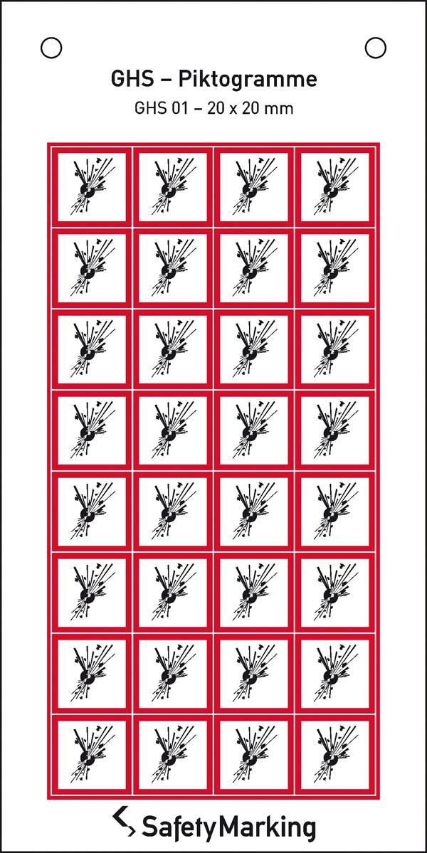Pictogrammes SGH : Bombe explosant, SGH 01, 20 x 20 mm. Série de 25 symboles sur fond blanc avec bordure rouge.