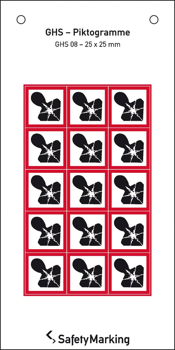 'GHS – Pictogrammes' présente 12 symboles noirs sur fond rouge qui identifient les substances dangereuses. Texte : GHS 08 – 25 x 25 mm.