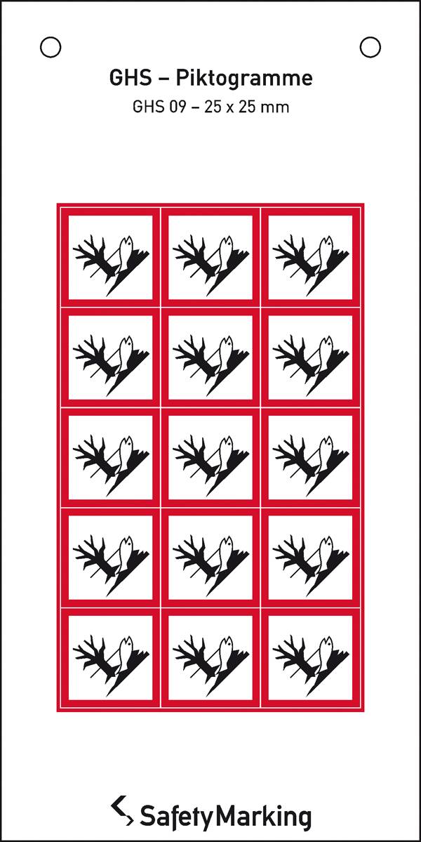 'GHS - Pictogramme GHS 09' présente 15 symboles pour les substances dangereuses pour l'environnement, avec un bord rouge, un symbole noir sur un fond blanc.