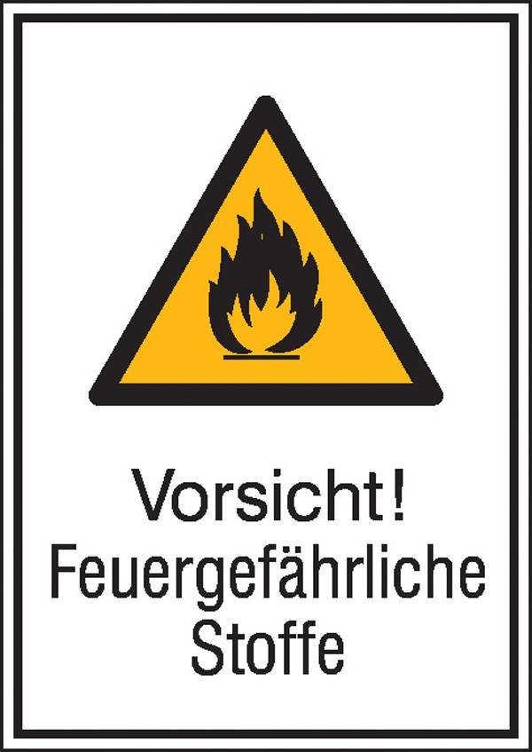 'Panneau triangulaire d'avertissement avec une flamme. Texte : Attention ! Substances inflammables.'