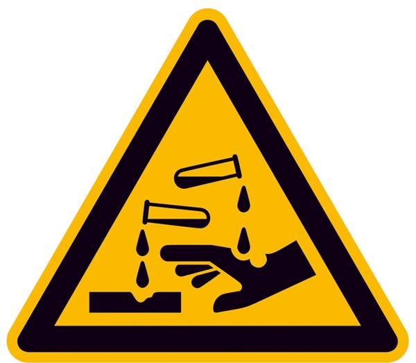 Panneau d'avertissement avec un symbole représentant le danger de substances corrosives : Deux tubes à essai versant un liquide sur une main et un bloc.