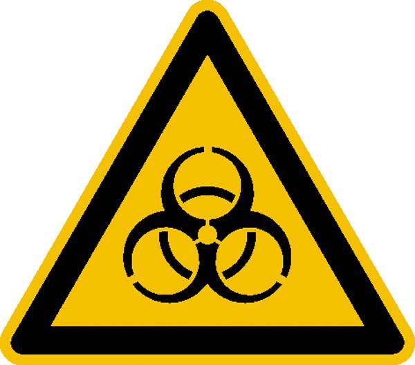 Symbole d'avertissement de risque biologique : Pictogramme noir sur un triangle jaune avec un cadre noir.