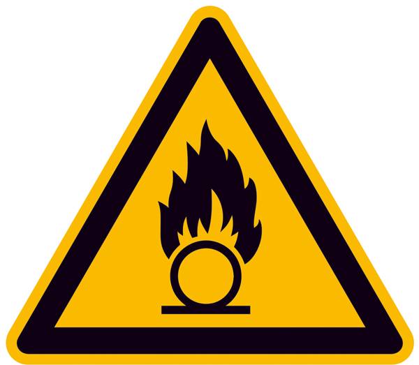 Signe d'avertissement pour les substances comburantes : Triangle jaune avec une flamme noire au-dessus d'un cercle.