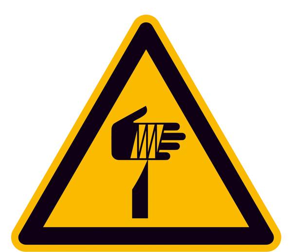 Panneau d'avertissement : Attention, risque de blessure par pièces en rotation. Montre une main dans des engrenages, triangle jaune avec symbole noir.