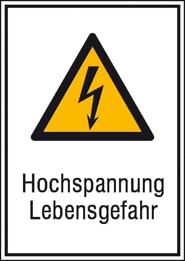 Panneau d'avertissement avec un triangle jaune et un symbole de foudre noir. En dessous, il est écrit 'Haute tension Danger de mort'. Avertit du risque électrique.