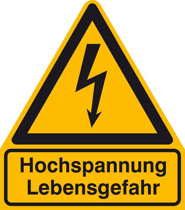 Panneau d'avertissement avec un fond jaune affichant un symbole de foudre noir. Le texte en bas indique : 'Haute tension Danger de mort'.