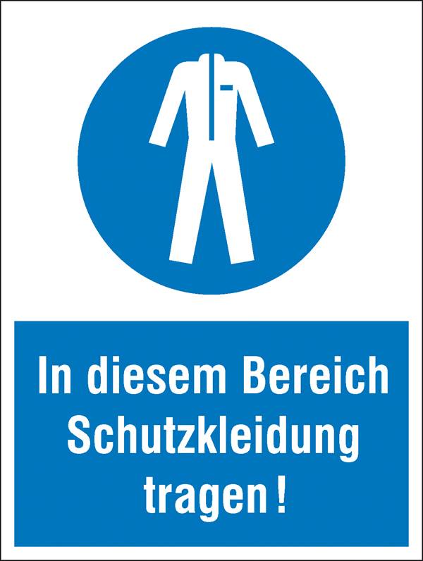'Porter des vêtements de protection dans cette zone !' avec un pictogramme d'une combinaison de protection sur fond bleu.