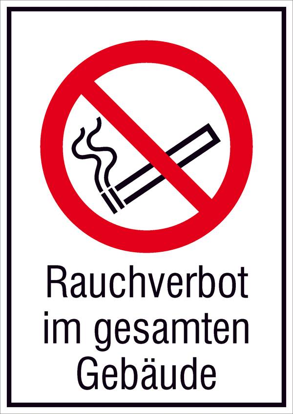 Interdiction de fumer dans tout le bâtiment avec un symbole de cigarette barrée dans un cercle rouge, symbolisant l'interdiction de fumer.