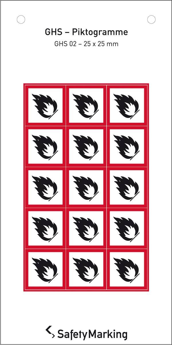 Les 'Pictogrammes SGH' présentent 16 symboles pour les substances inflammables dans un cadre rouge, en noir et blanc. Indication relative à la sécurité chimique.