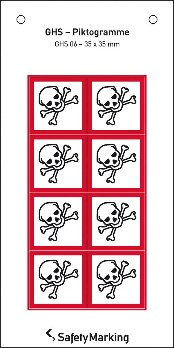 Huit pictogrammes GHS avec un crâne et des tibias croisés indiquant un danger. Forme carrée, encadrés de rouge.