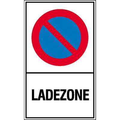 Panneau de signalisation avec un cercle bleu barré, avec le texte 'Zone de chargement' en dessous.