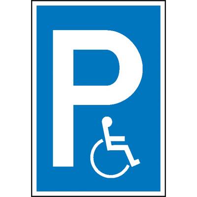 L'image montre un panneau de stationnement pour personnes à mobilité réduite avec un grand 'P' et un symbole de fauteuil roulant sur un fond bleu.