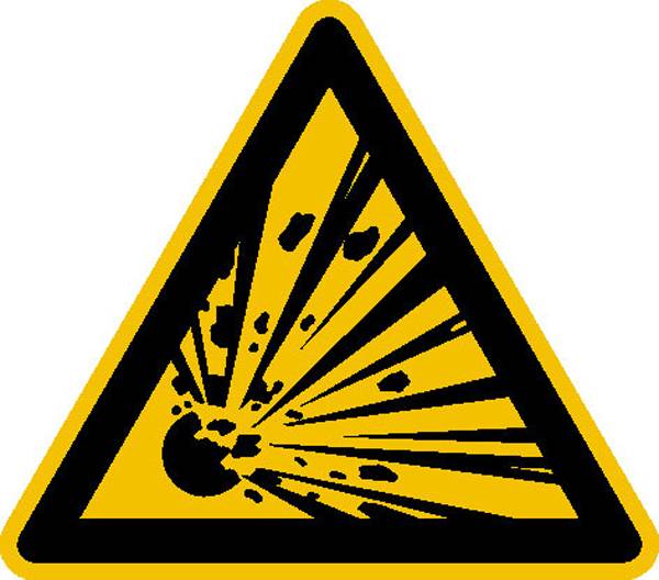 Panneau d'avertissement avec un fond jaune et un symbole noir représentant une explosion. Le signe avertit de la présence de substances explosives ou du danger d'explosion.