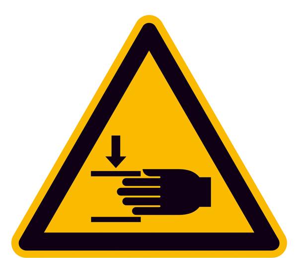 Panneau d'avertissement : Main sous pression. Le symbole représente une main écrasée par le haut. Consigne de sécurité concernant le risque d'écrasement.