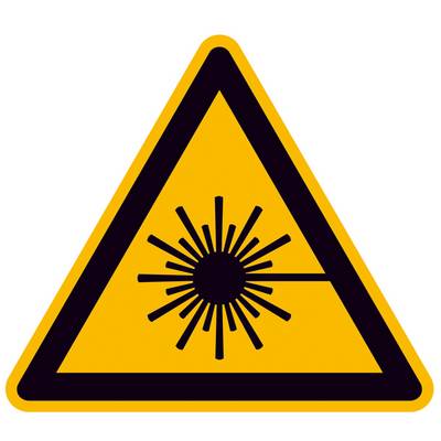 Panneau d'avertissement : Triangle jaune avec un symbole de rayon laser noir. Avertit contre les rayonnements laser.