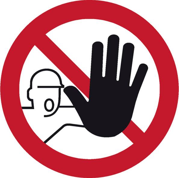 Panneau d'interdiction : Un symbole de main noir et un pictogramme d'une personne s'arrêtant derrière un cercle rouge barré d'une ligne diagonale.