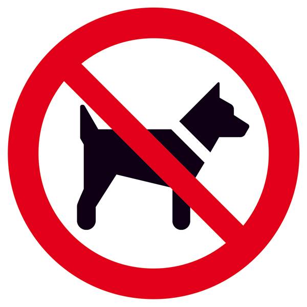 Panneau rouge avec un symbole de chien barré, signifiant 'Chiens interdits'.