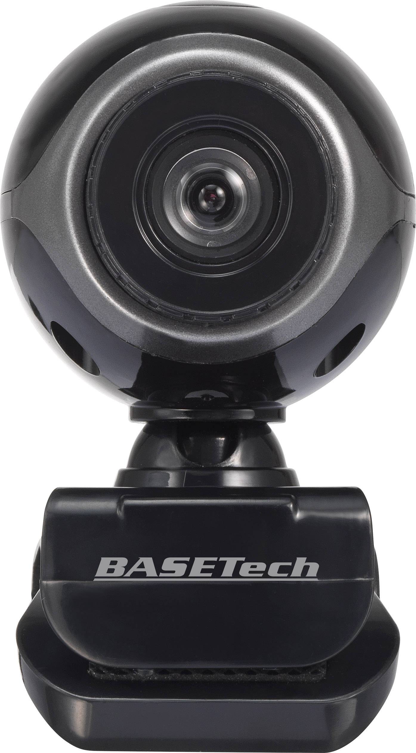 Webcam noire avec microphone intégré et clip de fixation. Marquage 'BASETech' sur l'avant du support.