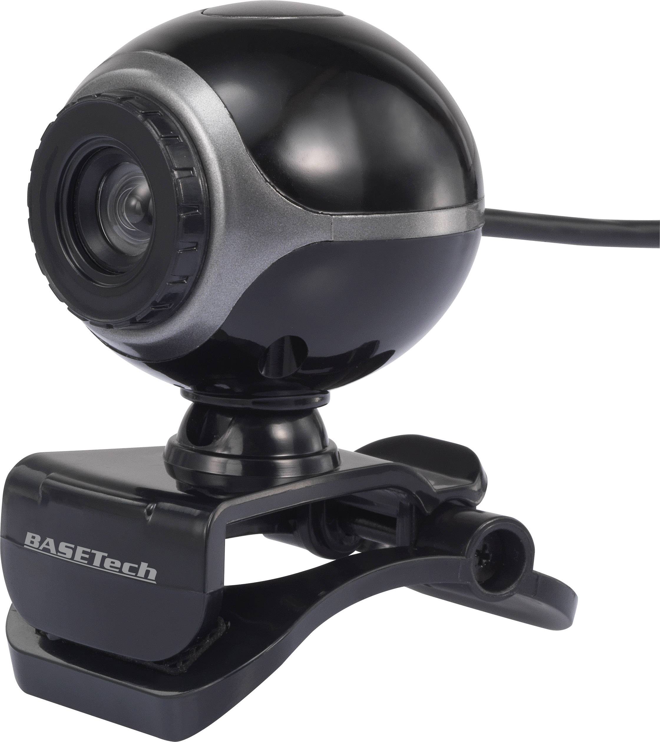Webcam noire, de forme sphérique, équipée d'un microphone intégré et d'une pince de fixation pour écrans, modèle avec câble USB.