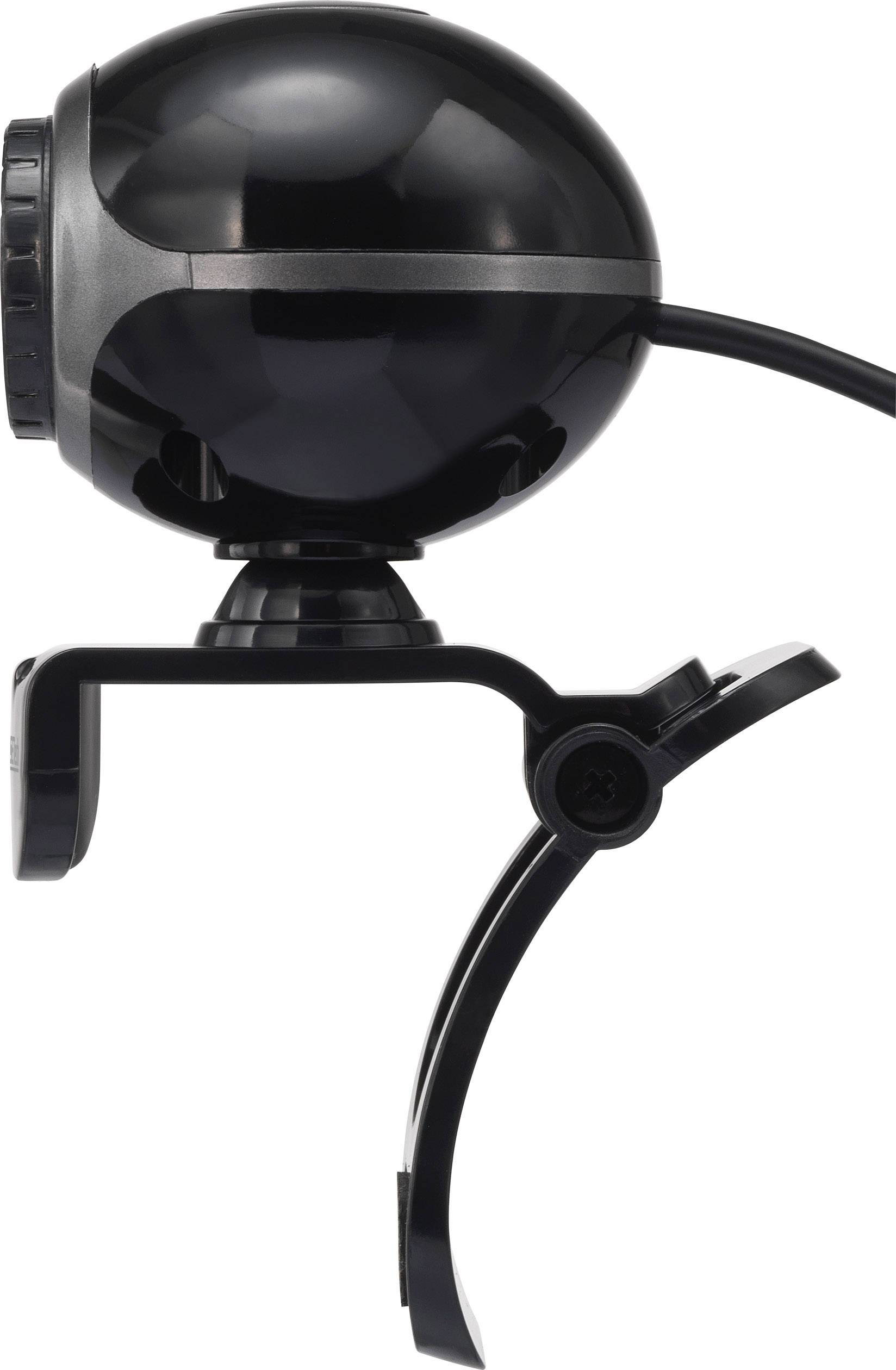 Webcam noire, sphérique, avec clip de fixation pour moniteur. Le câble est orienté vers la droite. Idéale pour les appels vidéo ou les enregistrements.