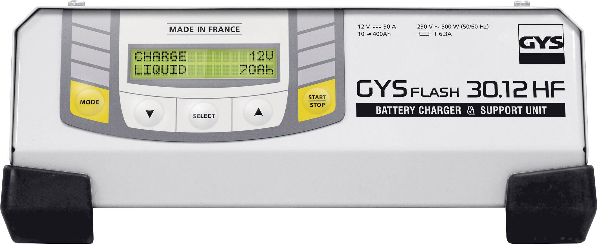 'Chargeur GYS Flash 30.12 HF', affiche l'état de charge : 'Charge 12V', 'Liquide 70Ah'. En haut 'Made in France', bouton de mode et de démarrage à gauche.