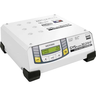 Chargeur de batterie GYSFLASH 3.0 24 HF, blanc, avec affichage numérique et boutons de commande. Affiche l'état de charge : 'Charge 24V' et le niveau de liquide : '70%'.
