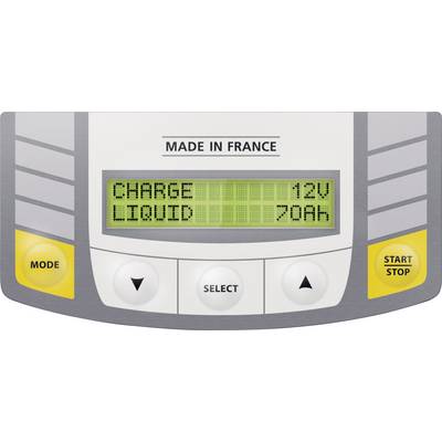 Affichage du chargeur de batterie avec les indications : 'CHARGE 12V' et 'LIQUID 70Ah'. Touches : 'MODE', 'SELECT', 'START STOP'.