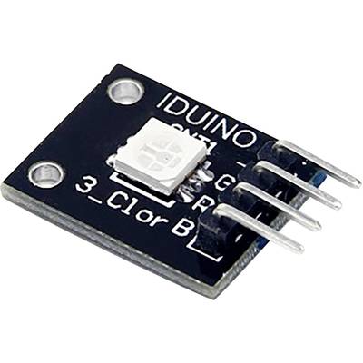 Image d'un module à LED RVB IDUINO avec quatre connexions. Le module a un fond noir et est destiné à des projets de bricolage.