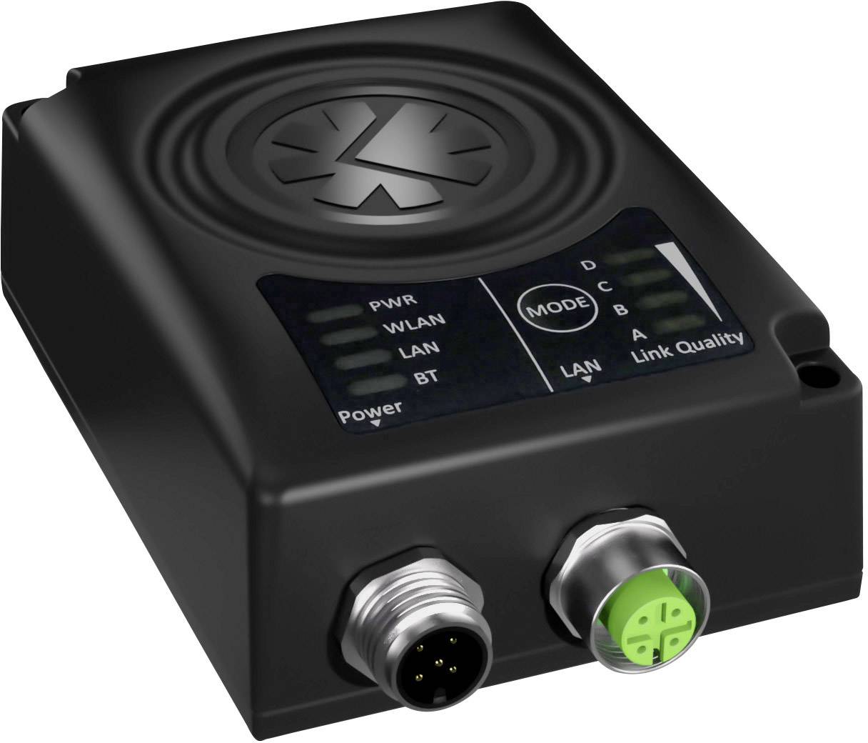 Appareil noir avec plusieurs options de connexion, notamment LAN. Affiche les modes de fonctionnement et la qualité de connexion à l'aide de voyants LED.