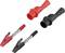 Deux pinces crocodile de couleur avec isolation : une rouge et une noire. Elles sont utilisées pour les connexions électriques.