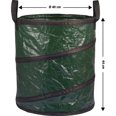 Sac à déchets verts de jardin cylindrique vert avec deux poignées. Diamètre 40 cm, hauteur 44 cm.
