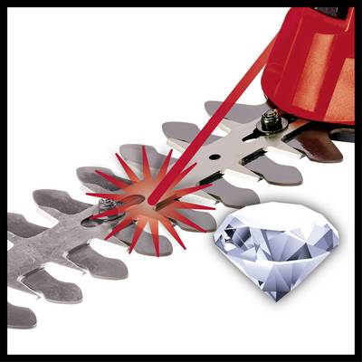 Un appareil rouge et blanc équipé d'un laser vise un coupe-métal, à côté duquel se trouve un symbole en forme de diamant représentant la qualité.