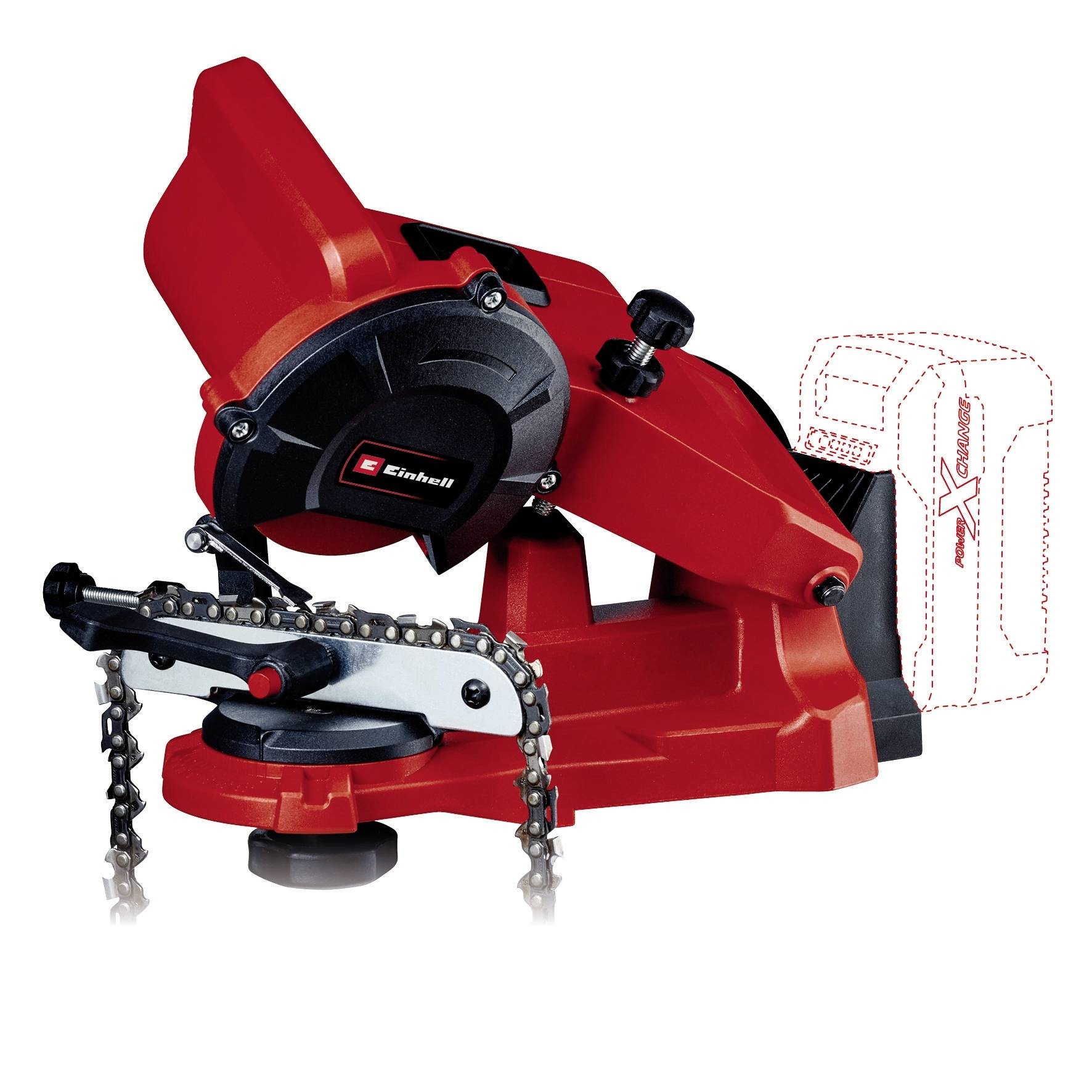 Appareil électrique de affûtage de chaîne rouge sur fond blanc, adapté à l'entretien des tronçonneuses.